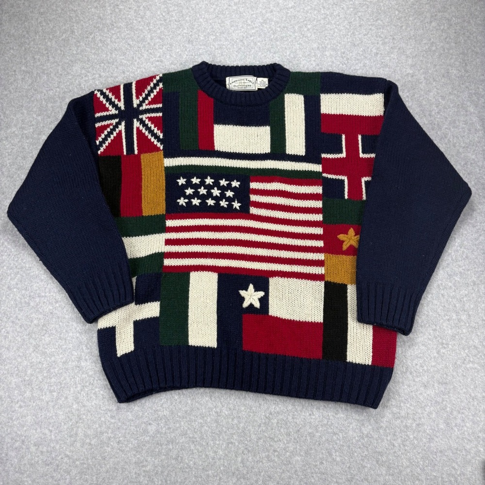 Vintage American Eagle Sweater Mens XL Blue Wool Intarsia Chunky Knit Patriotic